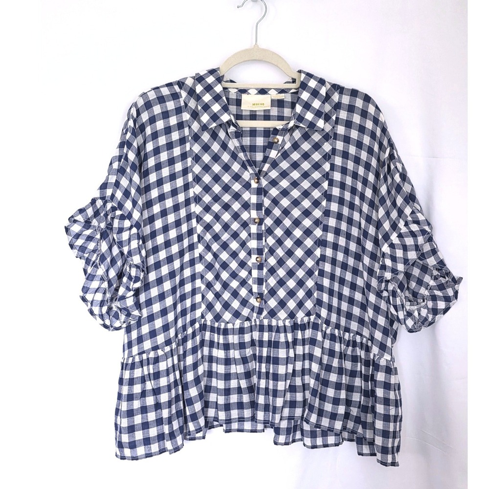 Maeve Anthropologie Navy Gingham Flounced Ruffle Shirt Linen Blend M Oversized - Picture 2 of 10